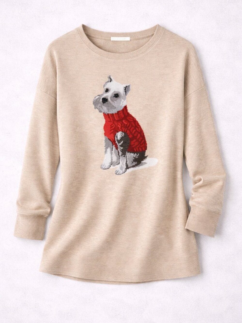 J. Jill Women's Crew Neck Weston the Dog Beige Sweater Pullover Size Medium